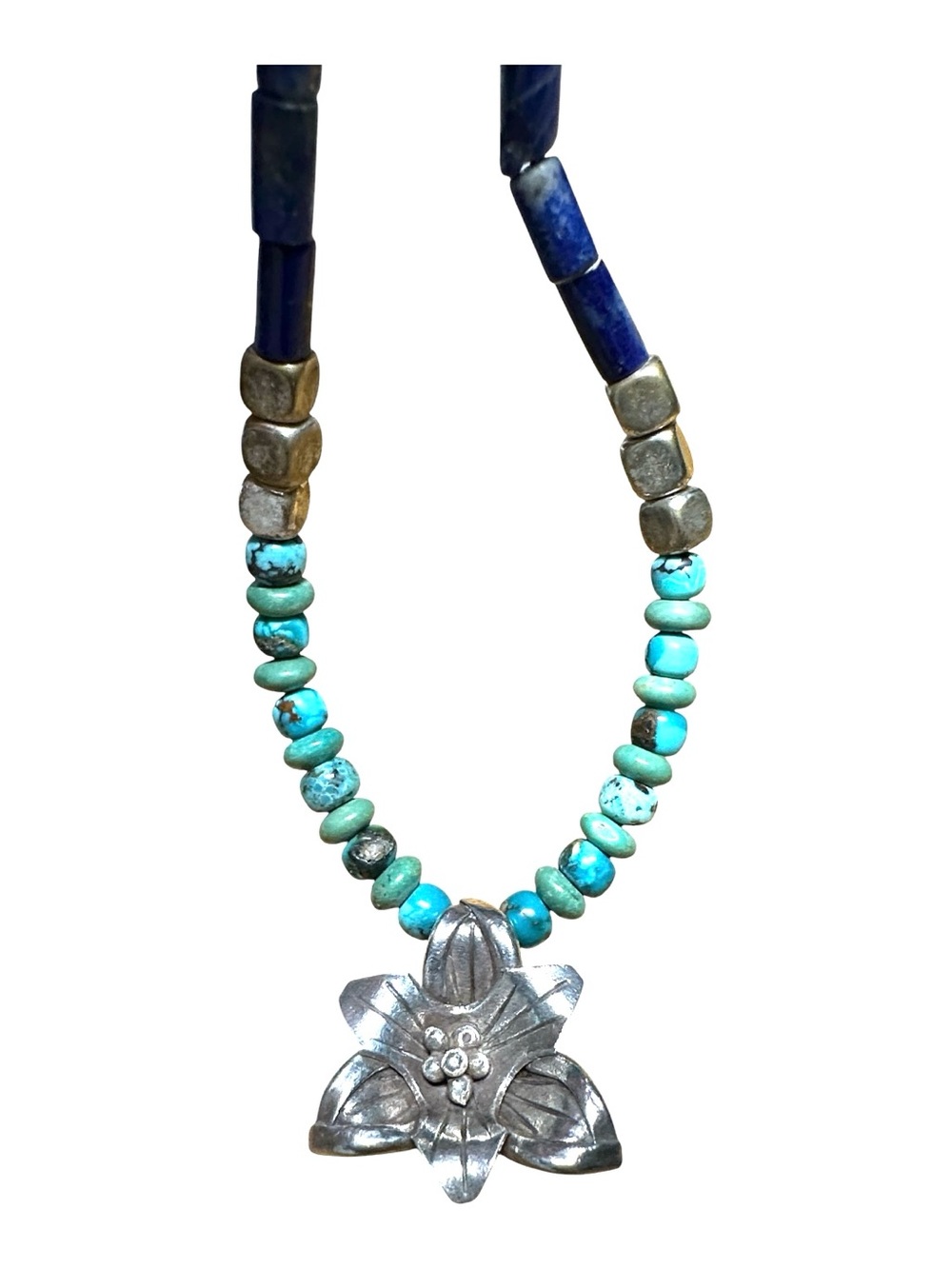 Vintage Turquoise and Silver Beaded Necklace with Floral Pendant